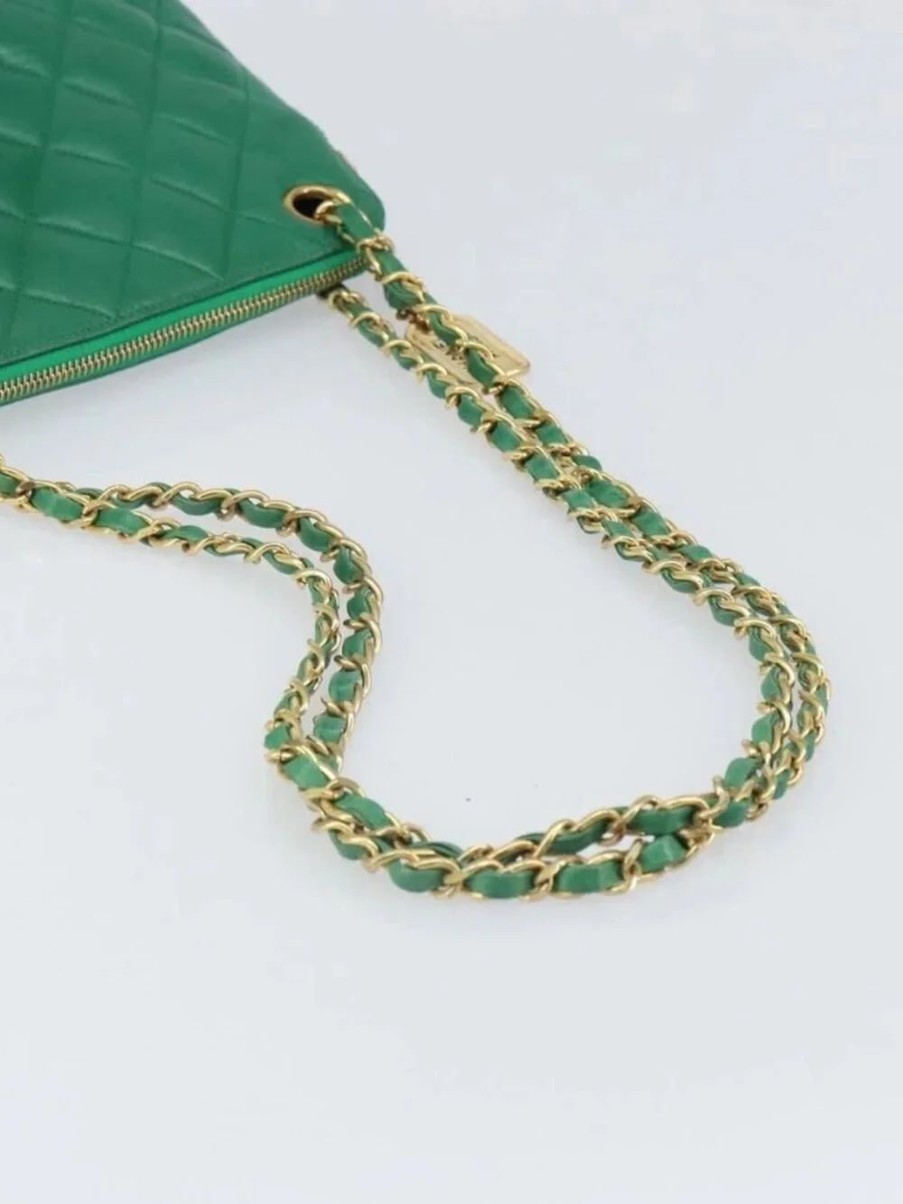 CHANEL Matelasse Chain Shoulder Bag Satin Green Gold CC Auth 168432